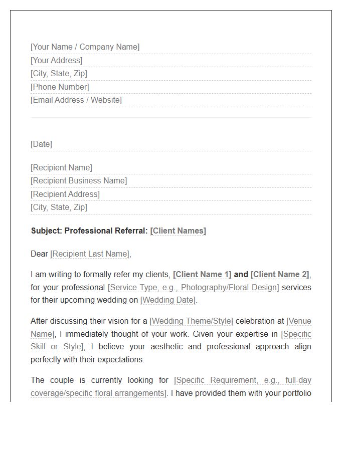 Wedding Planner Professional Referral Cover Letter Template