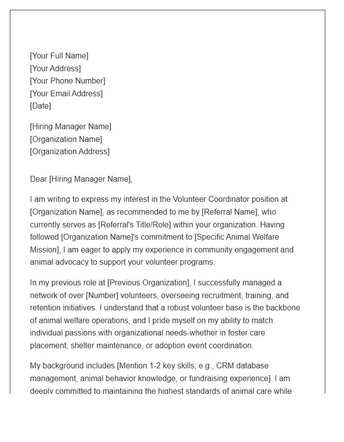 Animal Welfare Volunteer Coordinator Referral Cover Letter Template