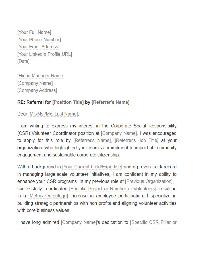 Corporate Social Responsibility Volunteer Coordinator Referral Cover Letter Template