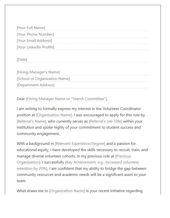 Education Sector Volunteer Coordinator Referral Cover Letter Template