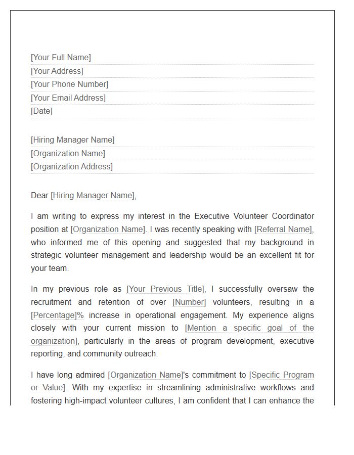 Executive Volunteer Coordinator Referral Cover Letter Template