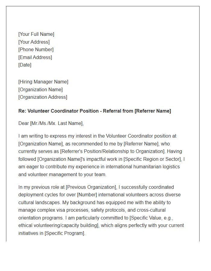 International Aid Volunteer Coordinator Referral Cover Letter Template
