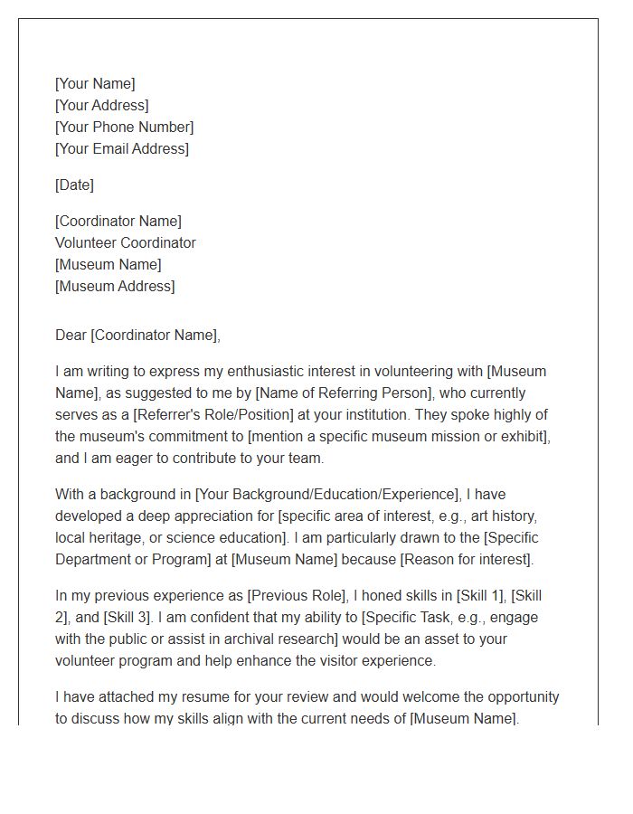 Museum Volunteer Coordinator Referral Cover Letter Template