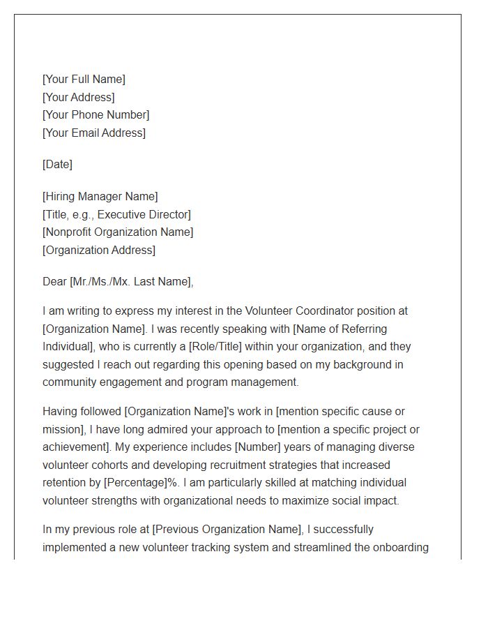 Nonprofit Volunteer Coordinator Referral Cover Letter Template