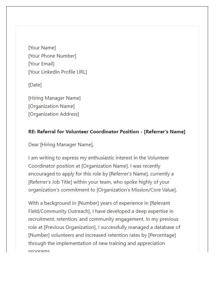 Professional Employee Referral Volunteer Coordinator Cover Letter Template