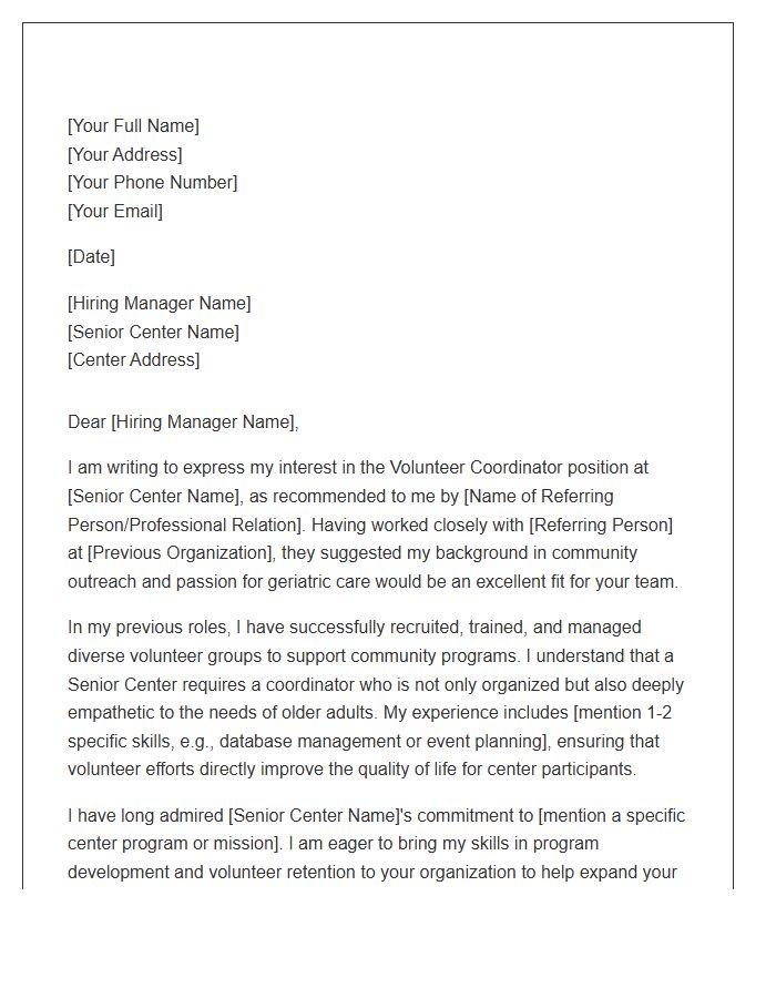 Senior Center Volunteer Coordinator Referral Cover Letter Template