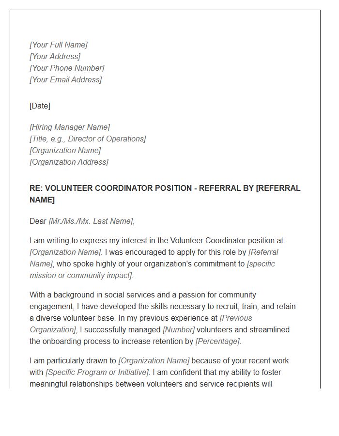 Social Services Volunteer Coordinator Referral Cover Letter Template