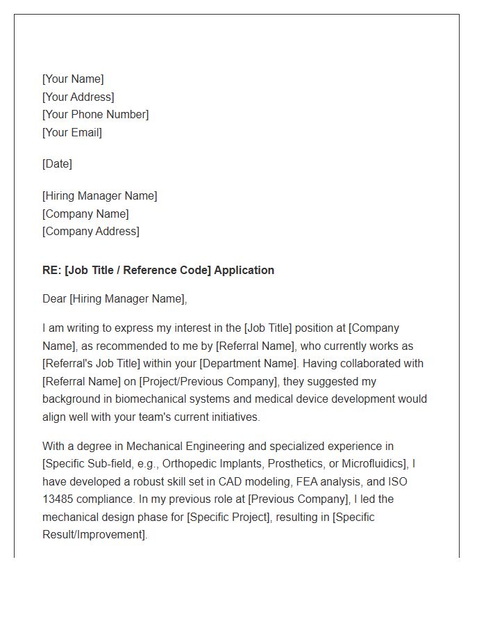 Biomedical Mechanical Engineer Referral Cover Letter Template