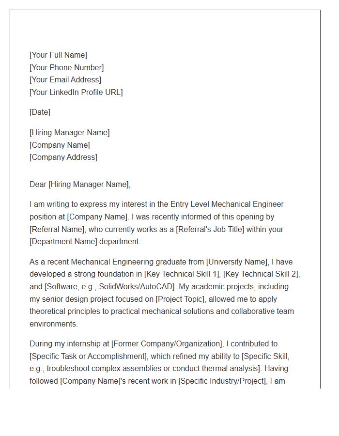 Entry Level Mechanical Engineer Referral Cover Letter Template