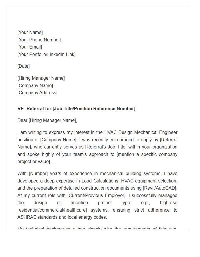 HVAC Design Mechanical Engineer Referral Cover Letter Template