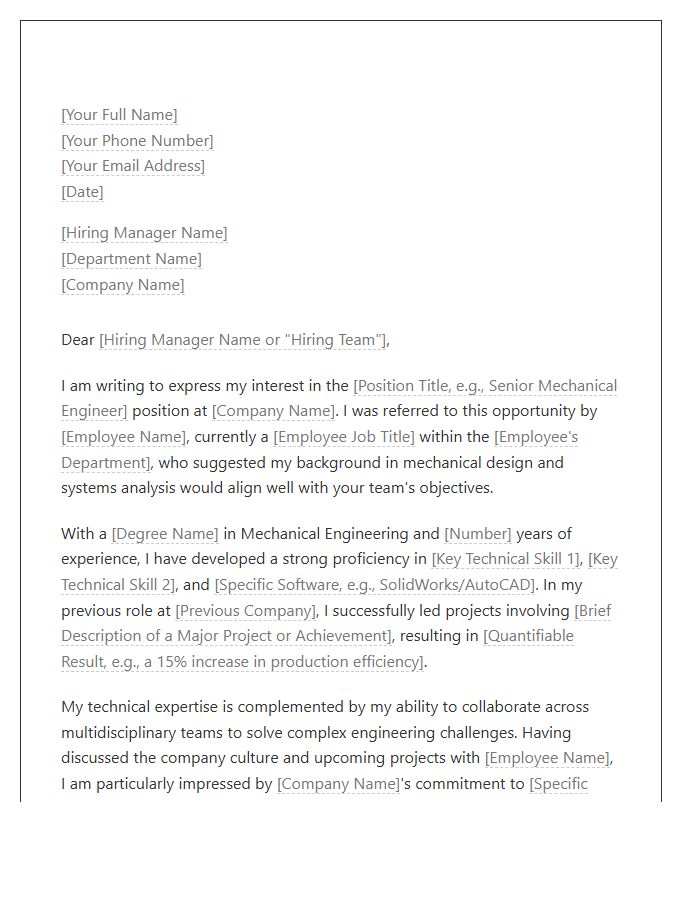 Internal Employee Referral Mechanical Engineer Cover Letter Template