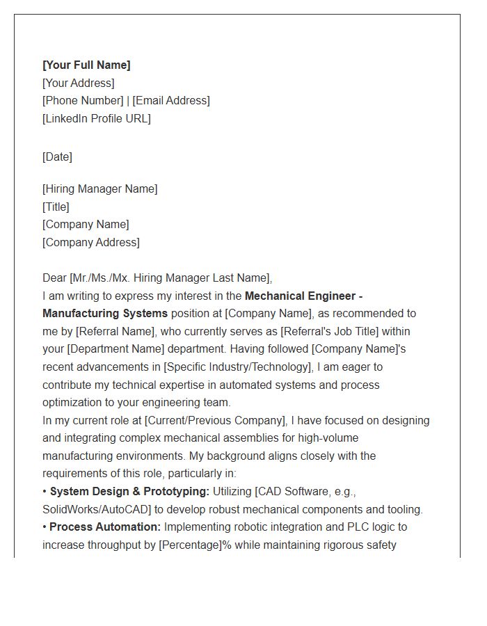 Manufacturing Systems Mechanical Engineer Referral Cover Letter Template