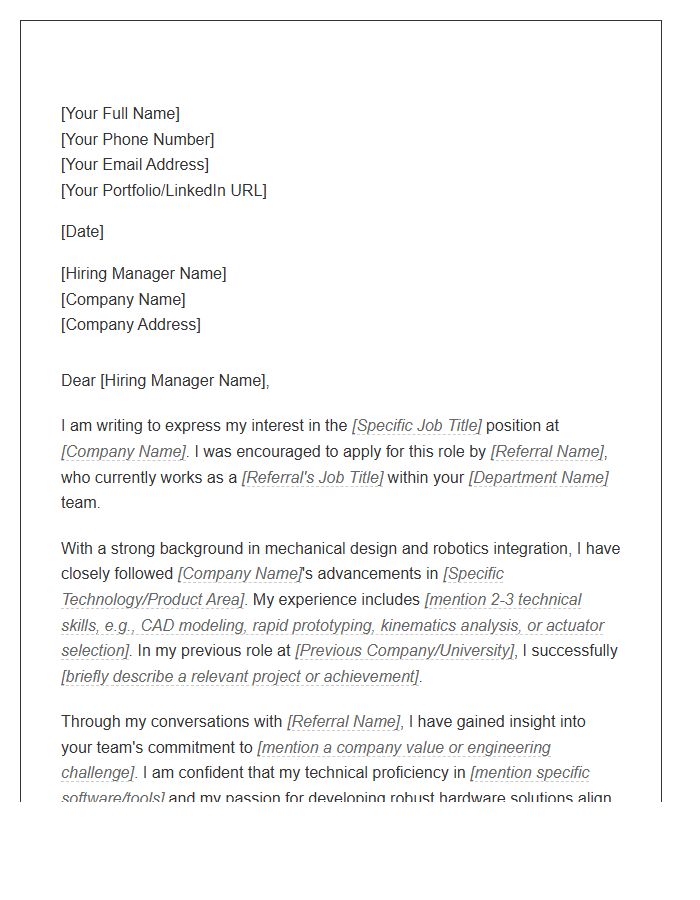 Robotics Mechanical Engineer Referral Cover Letter Template