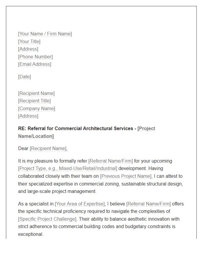Commercial Architect Specialist Professional Referral Cover Letter Template