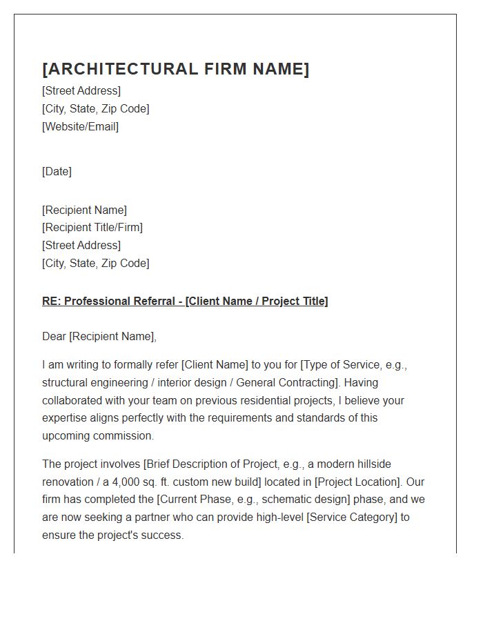 Residential Architect Firm Professional Referral Cover Letter Template