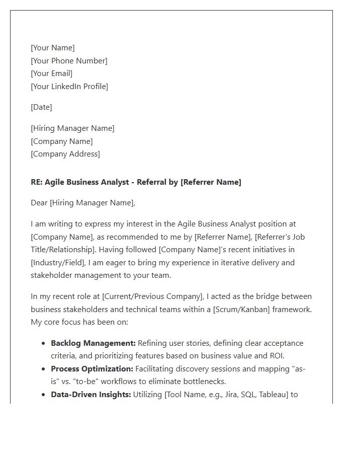 Agile Business Analyst Referral Cover Letter Template