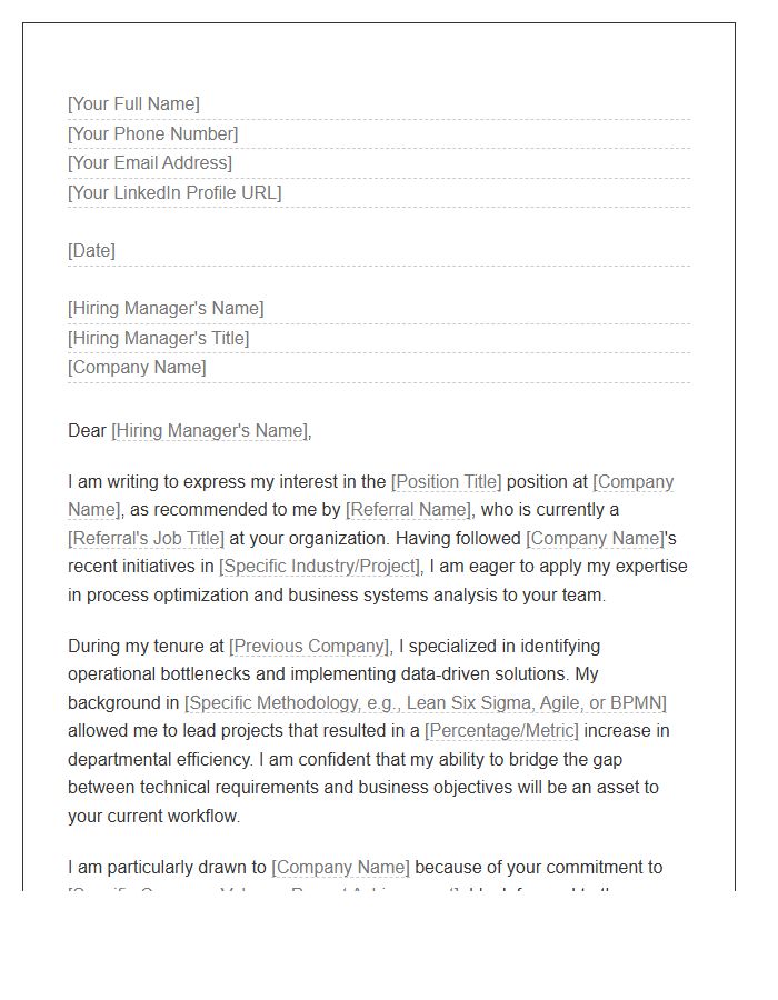 Business Process Analyst Referral Cover Letter Template