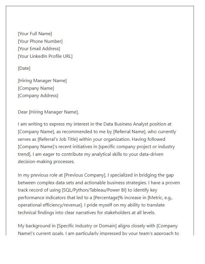 Data Business Analyst Referral Cover Letter Template