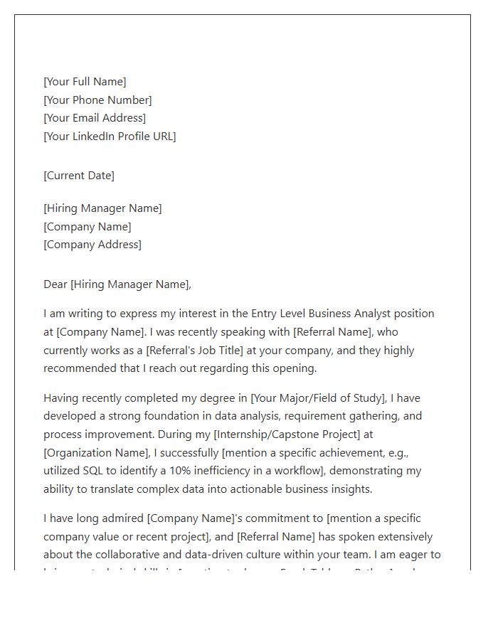 Entry Level Business Analyst Referral Cover Letter Template
