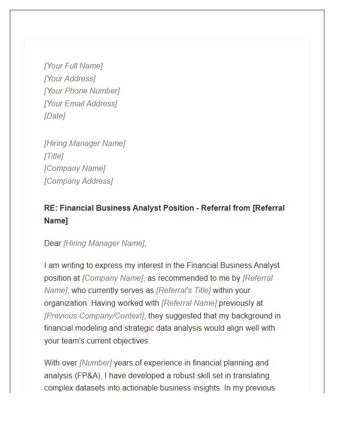 Financial Business Analyst Referral Cover Letter Template
