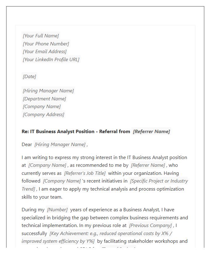 IT Business Analyst Employee Referral Cover Letter Template