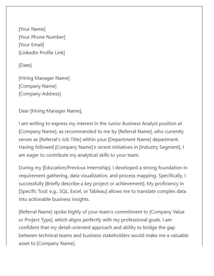 Junior Business Analyst Referral Cover Letter Template