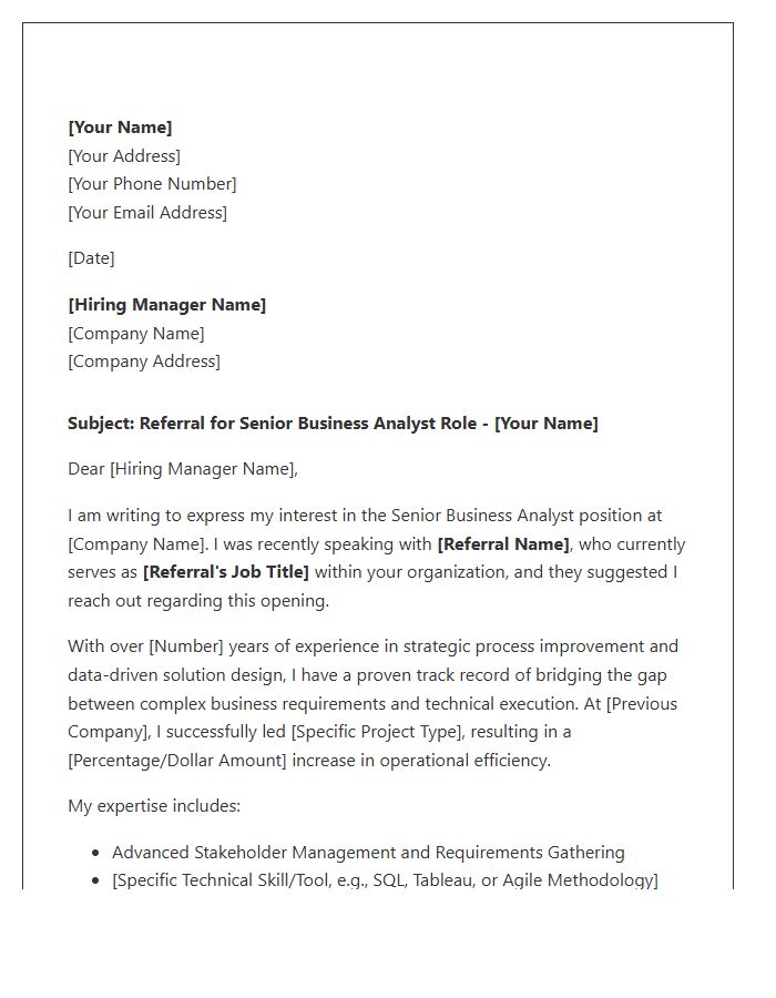 Senior Business Analyst Referral Cover Letter Template