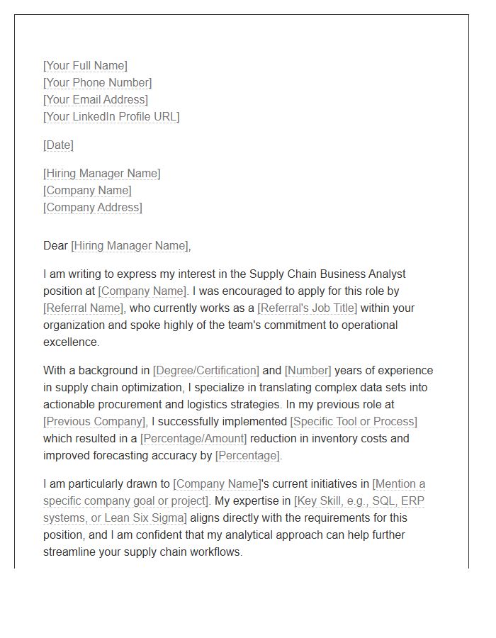 Supply Chain Business Analyst Referral Cover Letter Template