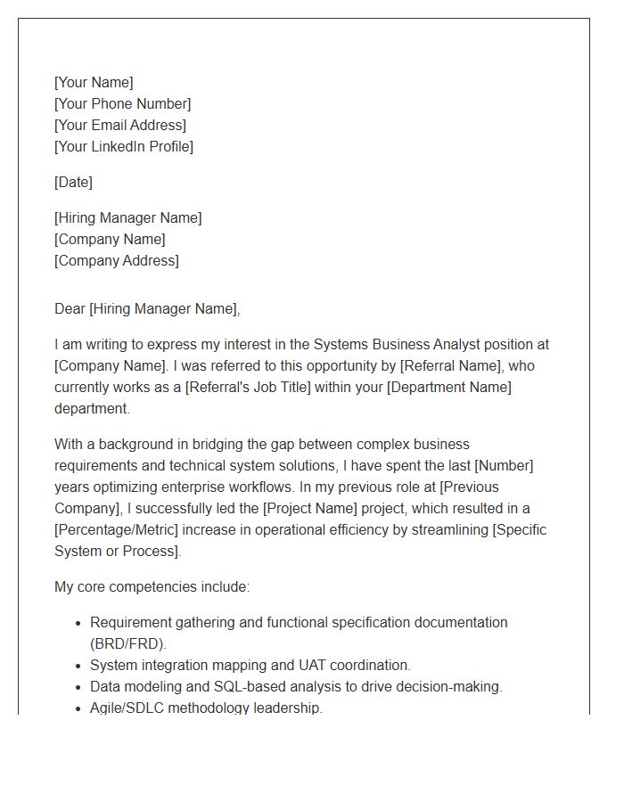 Systems Business Analyst Referral Cover Letter Template