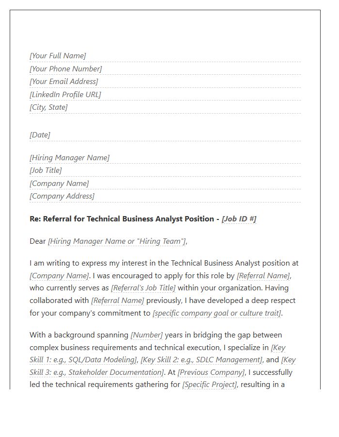 Technical Business Analyst Referral Cover Letter Template