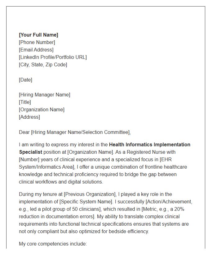 Health Informatics Implementation Specialist Nurse Cover Letter Template