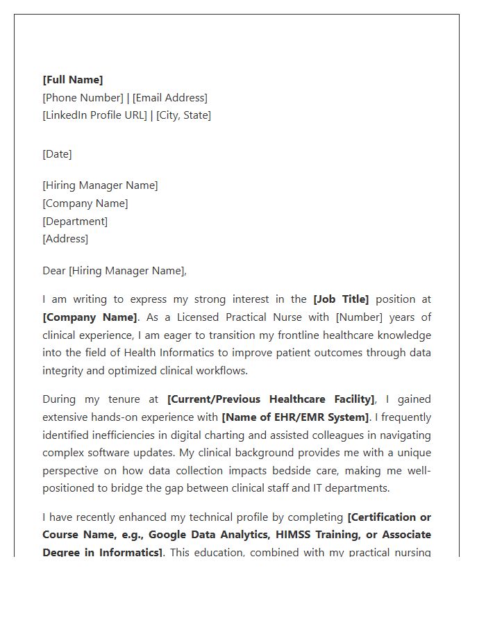 Licensed Practical Nurse Health Informatics Career Change Cover Letter Template