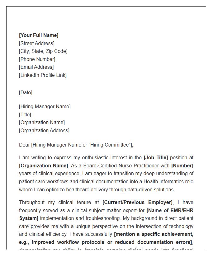 Nurse Practitioner Moving Into Health Informatics Cover Letter Template