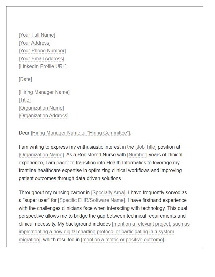 Nursing Professional Moving Into Health Informatics Cover Letter Template