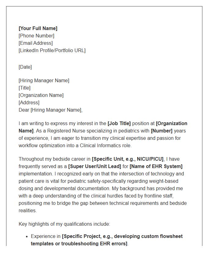 Pediatric Nurse Moving To Clinical Informatics Cover Letter Template