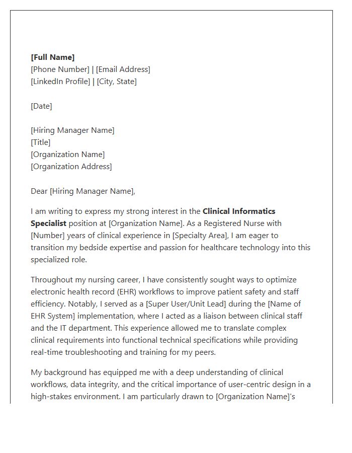 RN Transitioning To Clinical Informatics Specialist Cover Letter Template