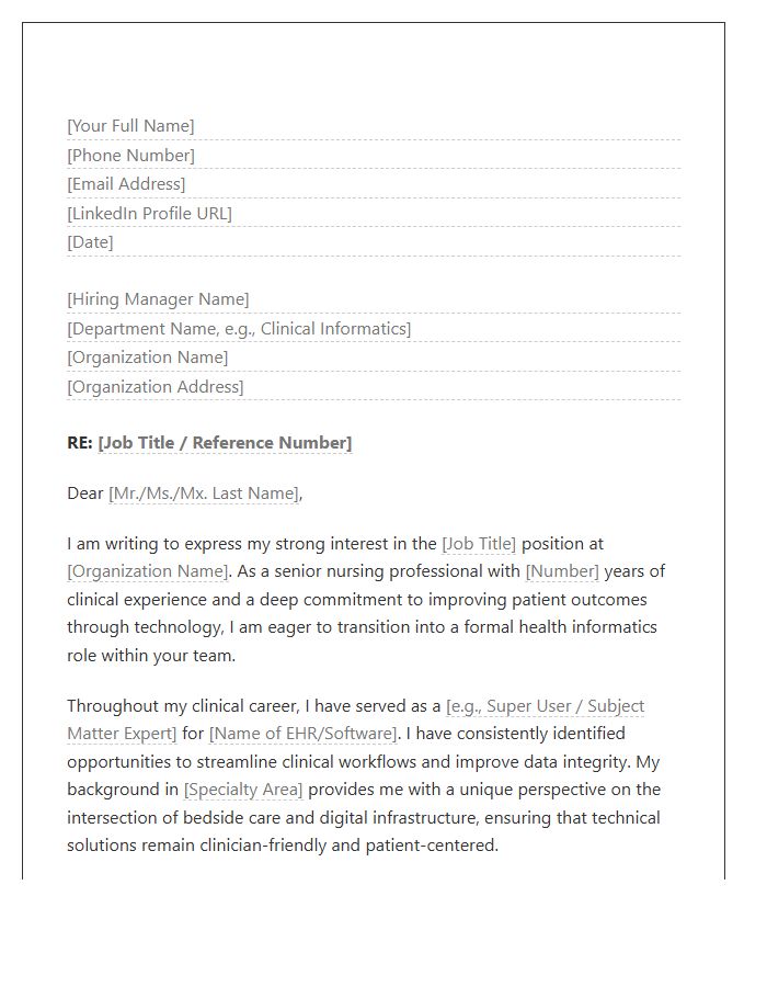 Senior Nursing Staff Health Informatics Career Path Cover Letter Template