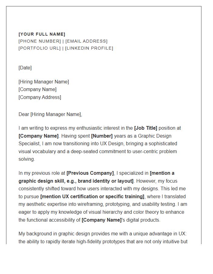 Graphic Design Specialist Moving To UX Designer Cover Letter Template