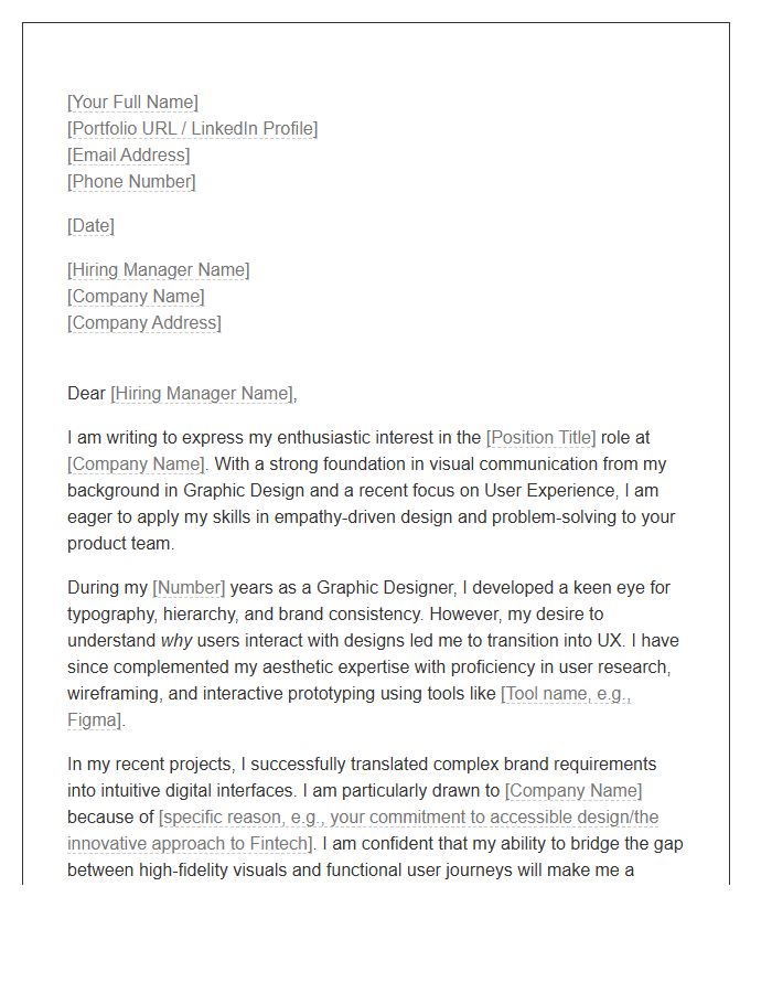Graphic Design To Junior UX Designer Role Cover Letter Template
