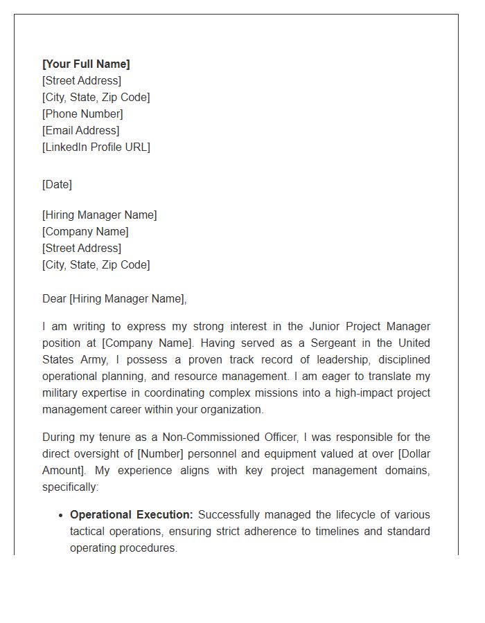 Army Sergeant To Junior Project Manager Cover Letter Template