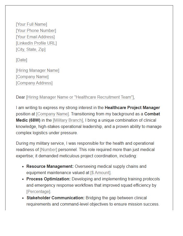 Combat Medic To Healthcare Project Manager Cover Letter Template