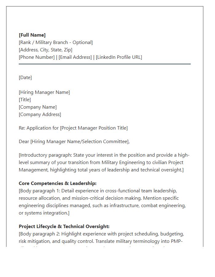 Military Engineering Officer Project Management Cover Letter Template