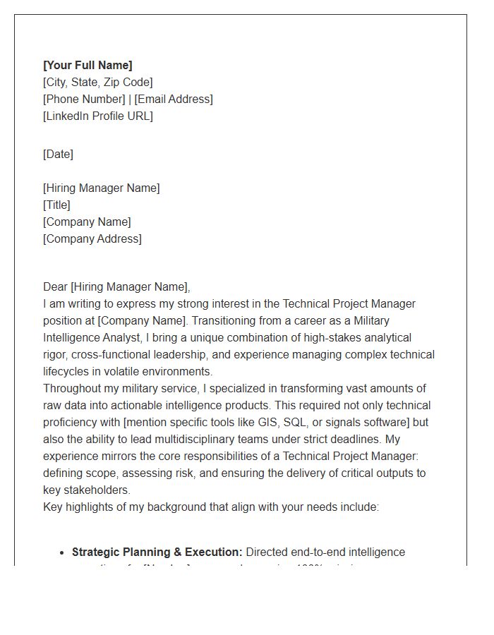 Military Intelligence Analyst To Technical Project Manager Cover Letter Template