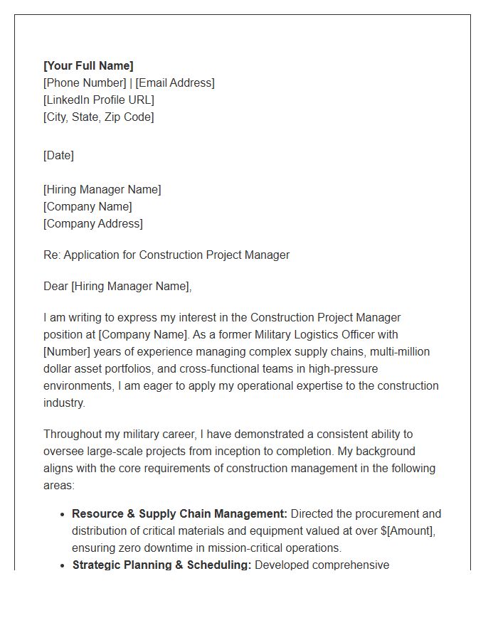 Military Logistics Officer To Construction Project Manager Cover Letter Template