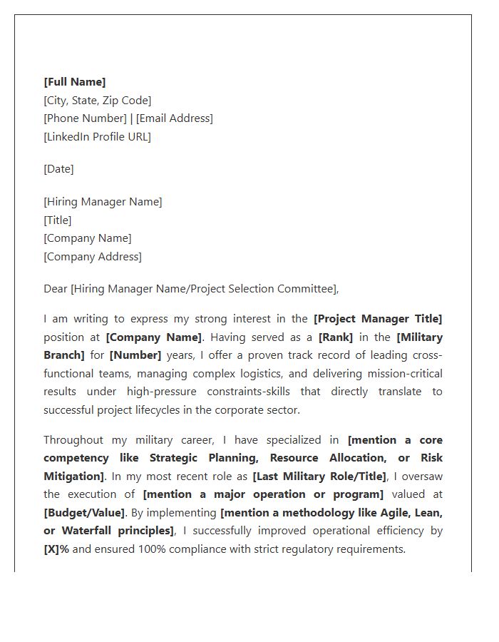Military Officer To Project Management Cover Letter Template