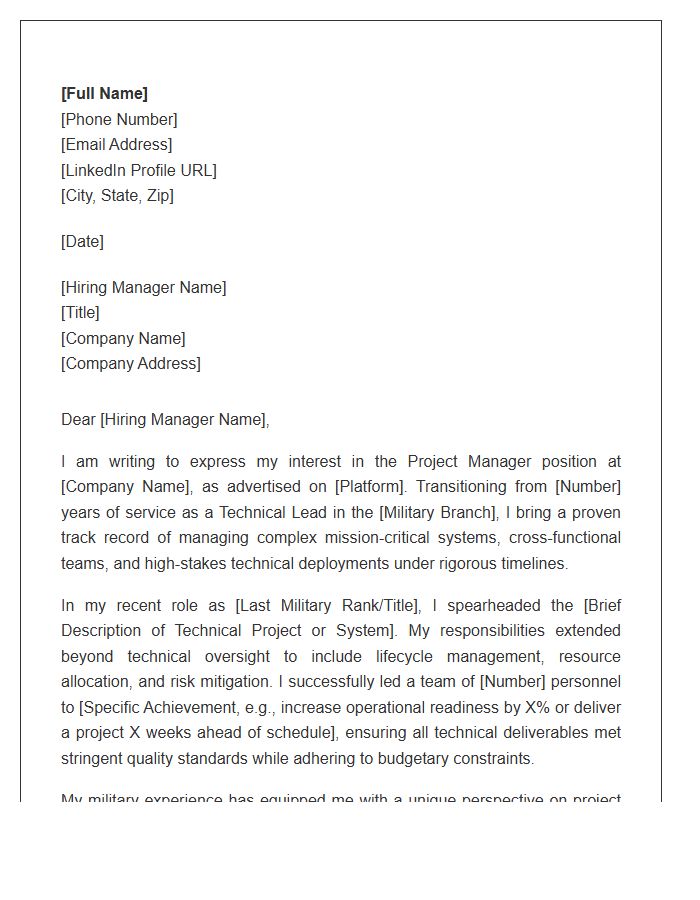 Military Technical Lead To Project Manager Cover Letter Template