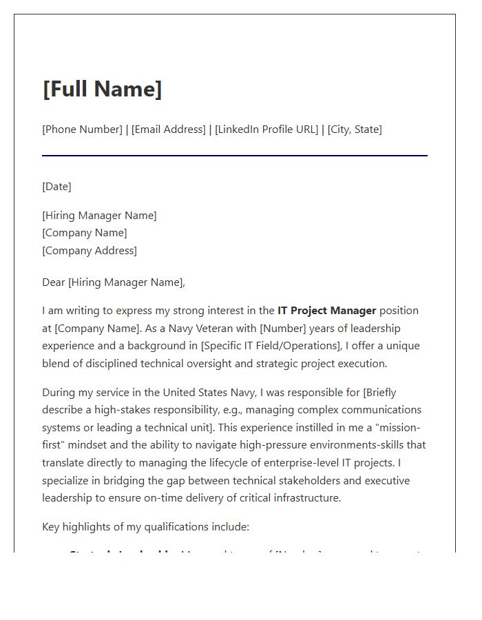 Navy Veteran IT Project Management Cover Letter Template