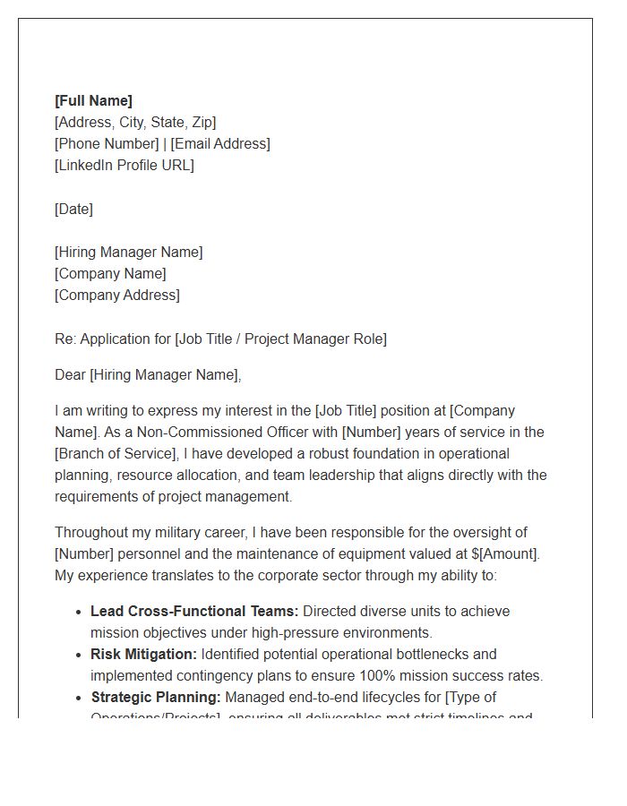 Non Commissioned Officer To Project Management Cover Letter Template