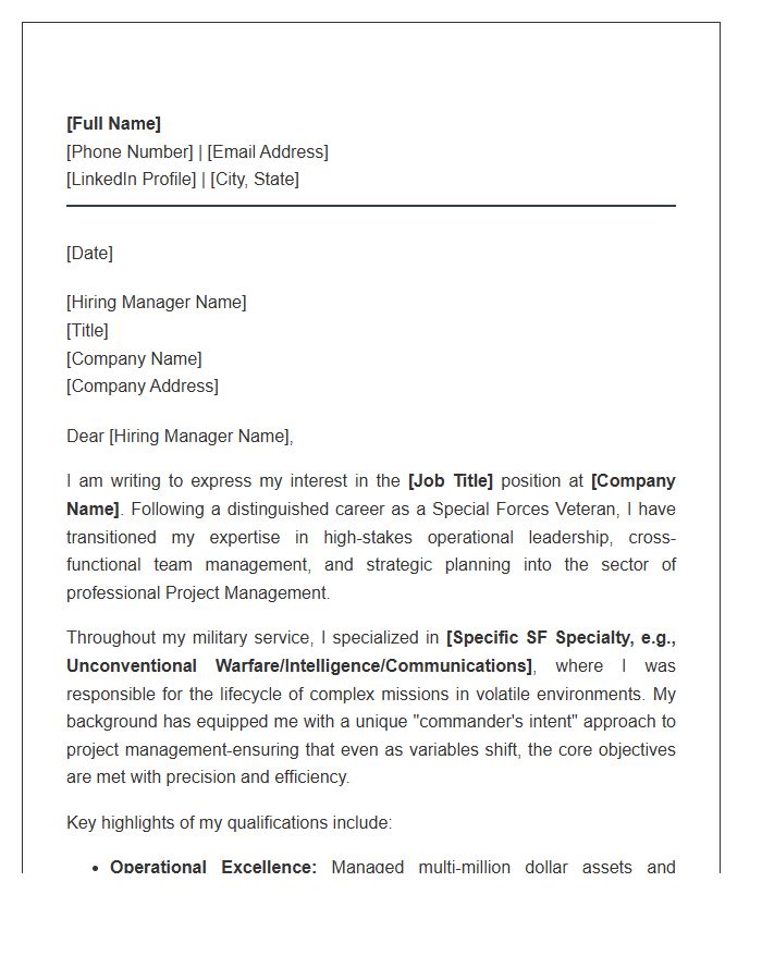 Special Forces Veteran Operations Project Management Cover Letter Template
