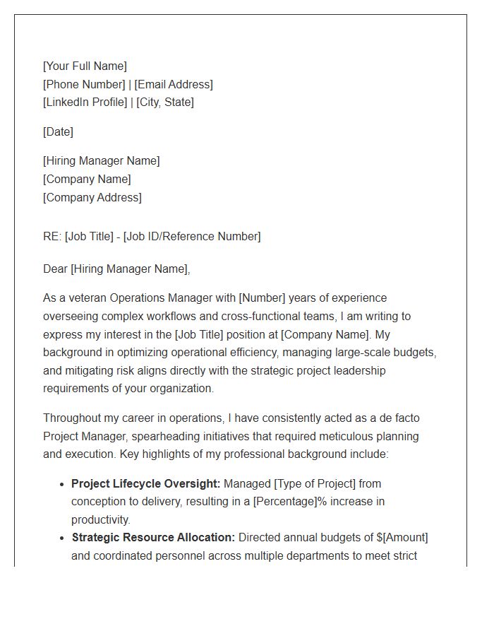 Veteran Operations Manager To Project Management Cover Letter Template